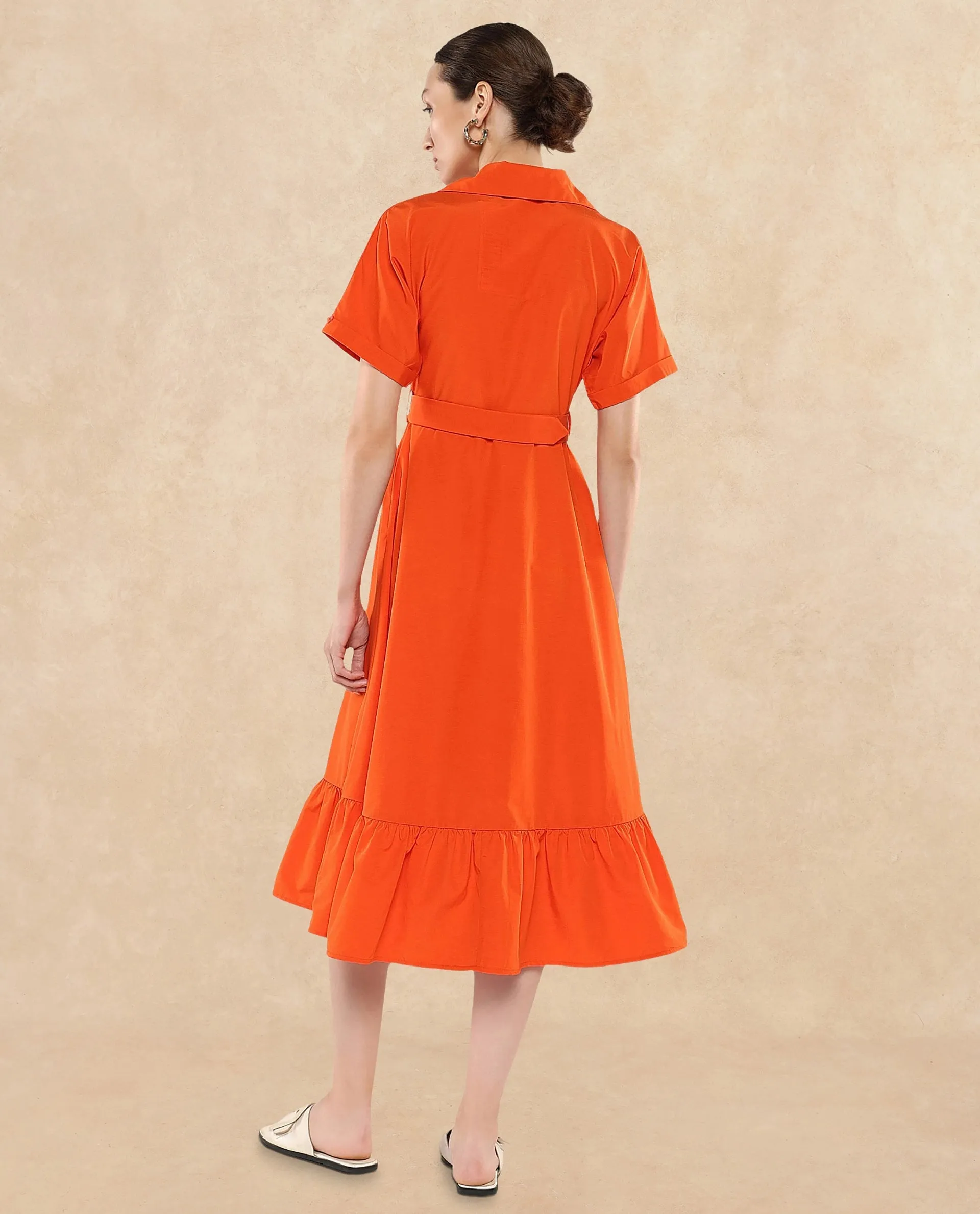 Rareism Women Capetow Rust Extended Sleeves Jonny Collar Button Closure A-Line Midi Plain Dress