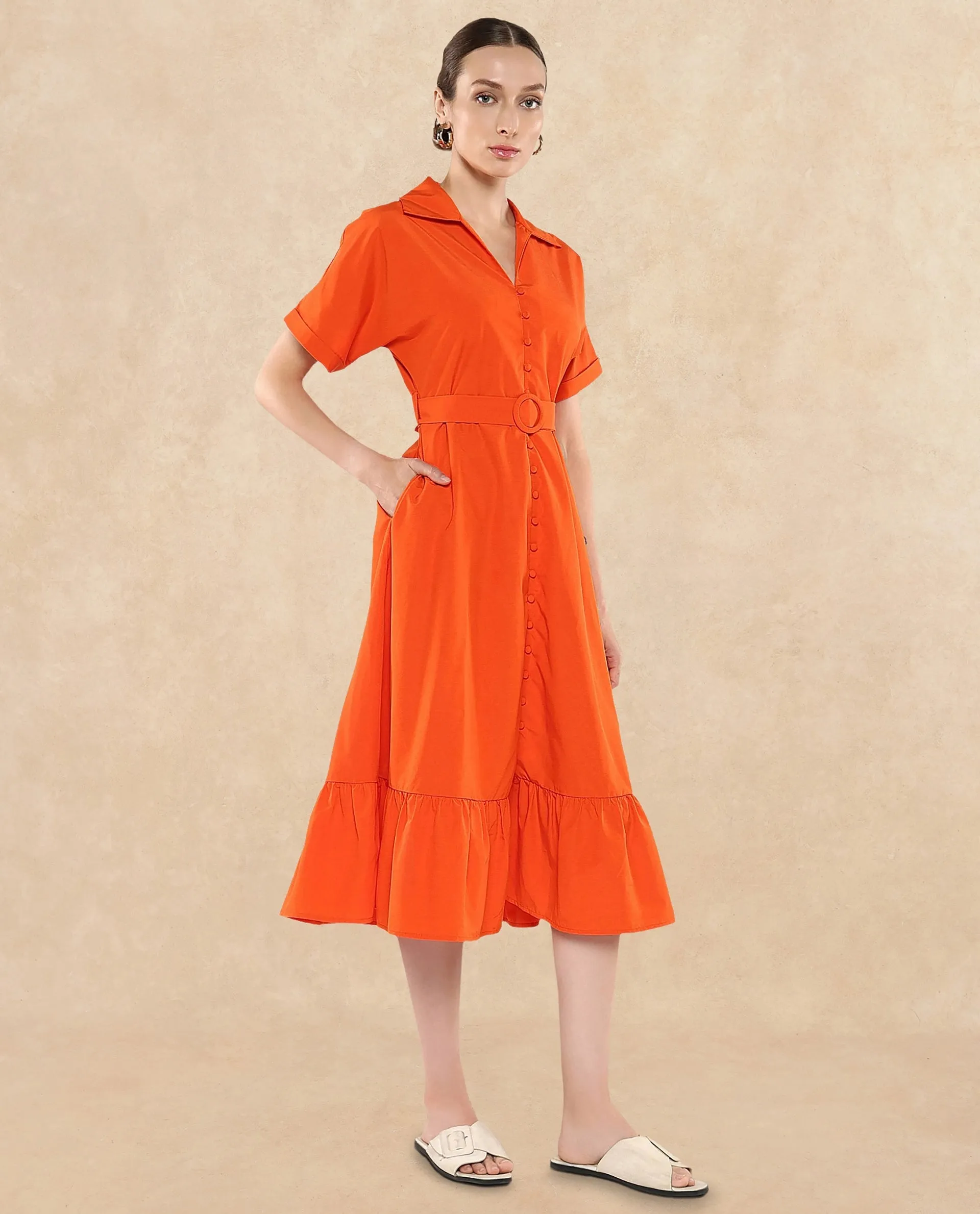 Rareism Women Capetow Rust Extended Sleeves Jonny Collar Button Closure A-Line Midi Plain Dress