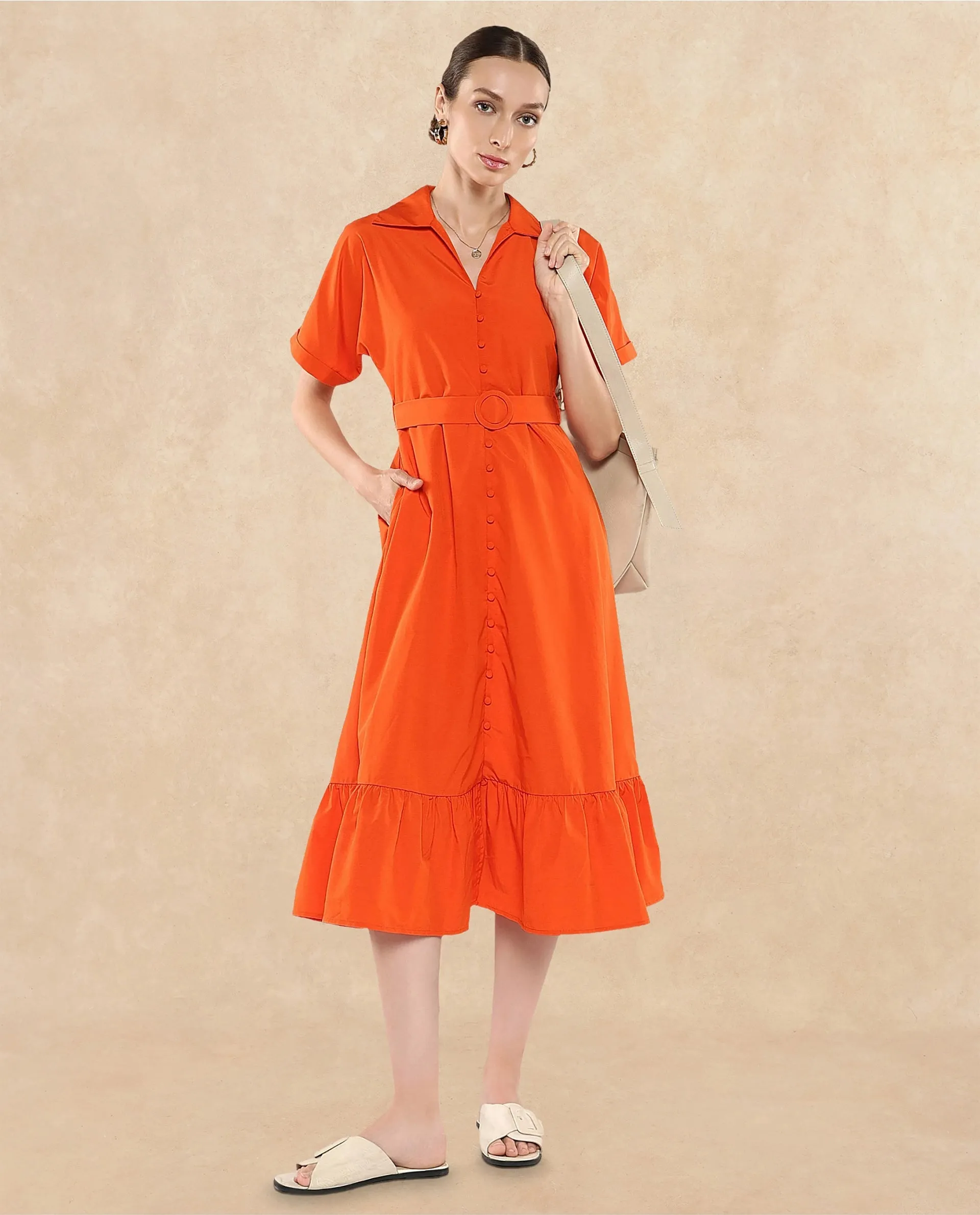 Rareism Women Capetow Rust Extended Sleeves Jonny Collar Button Closure A-Line Midi Plain Dress