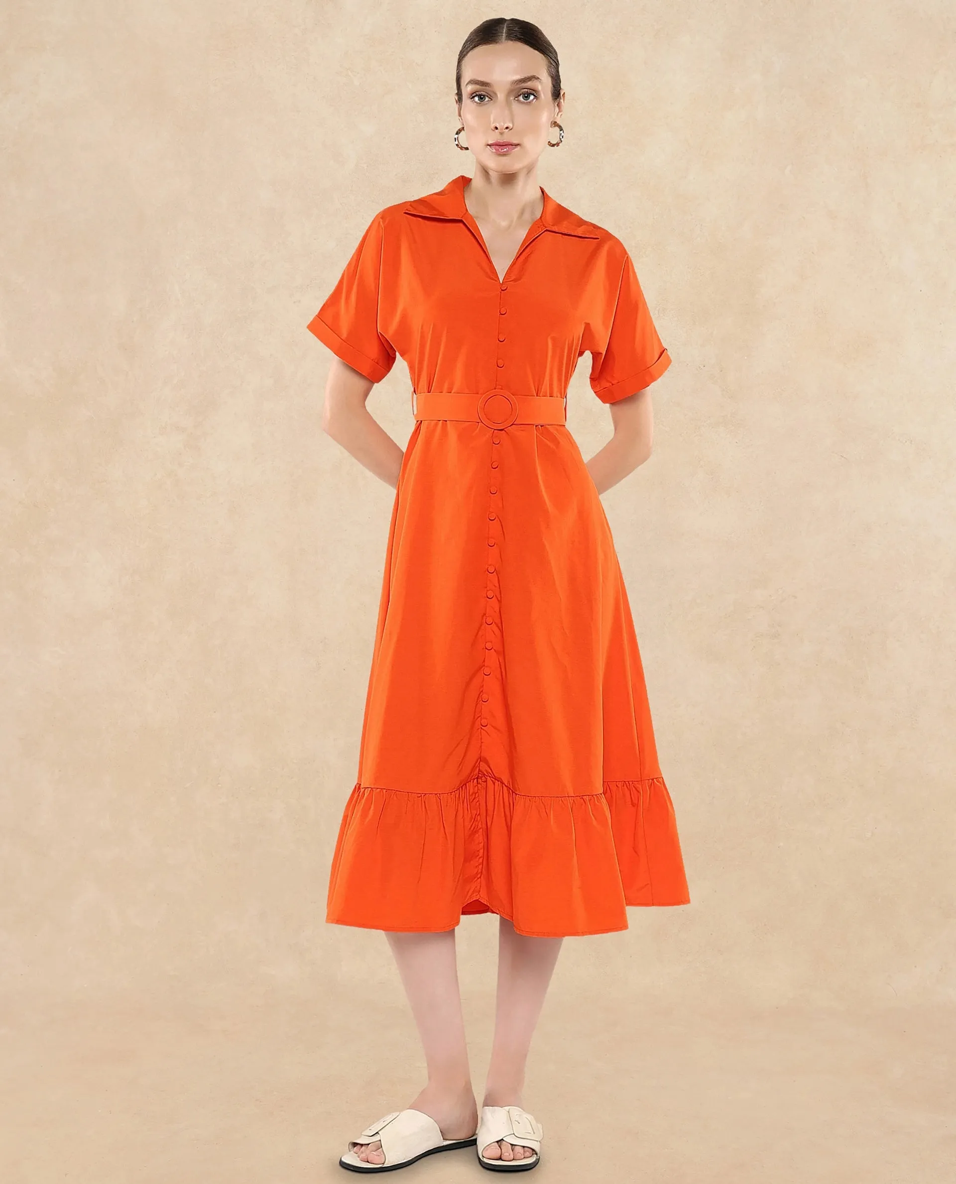 Rareism Women Capetow Rust Extended Sleeves Jonny Collar Button Closure A-Line Midi Plain Dress