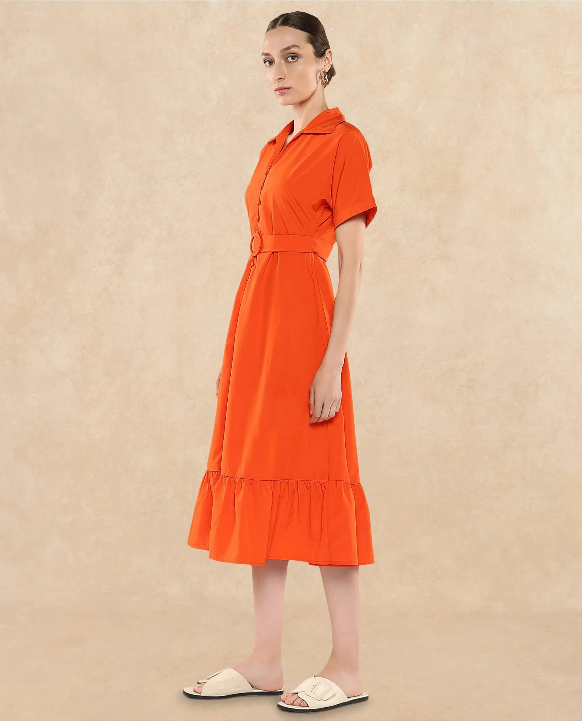 Rareism Women Capetow Rust Extended Sleeves Jonny Collar Button Closure A-Line Midi Plain Dress