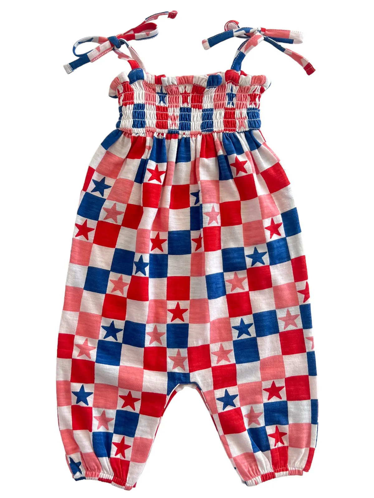 Red, White, Blue & Pink Checkerboard / Organic Smocked Jumpsuit