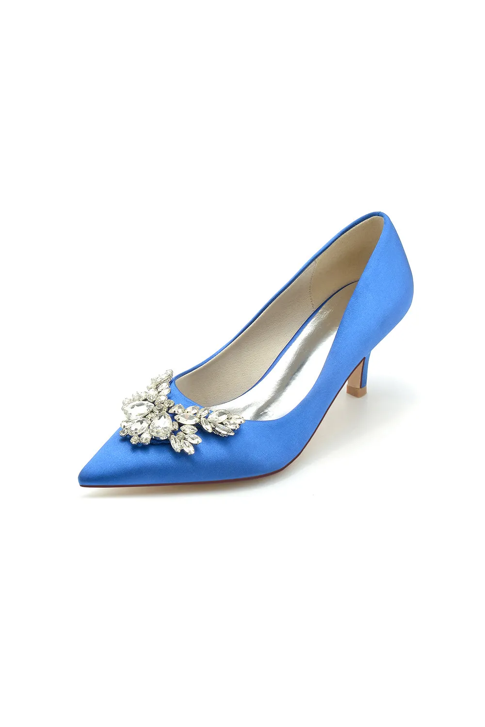 Rhinestone Pointed Toe Satin Kitten Heels