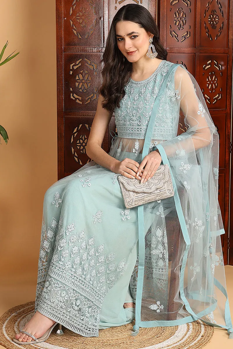 Sea Green Net Ethnic Motifs Embroidered Straight Suit Set