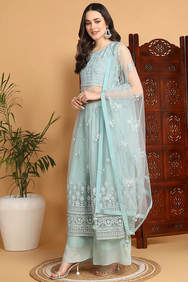 Sea Green Net Ethnic Motifs Embroidered Straight Suit Set