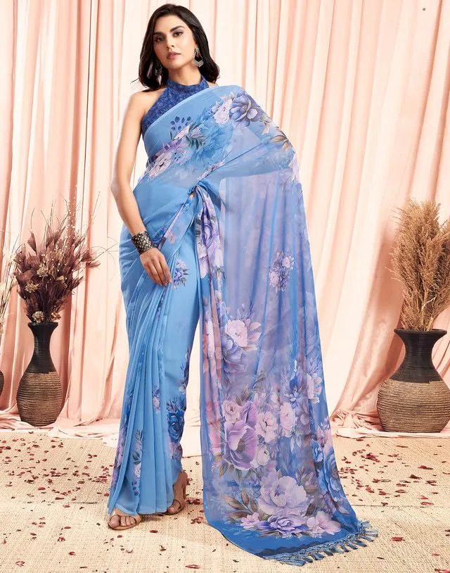 SIRIL Women's Georgette Floral Printed Saree With Unstitched Blouse Piece (3505S115A_Blue)