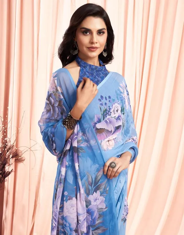 SIRIL Women's Georgette Floral Printed Saree With Unstitched Blouse Piece (3505S115A_Blue)