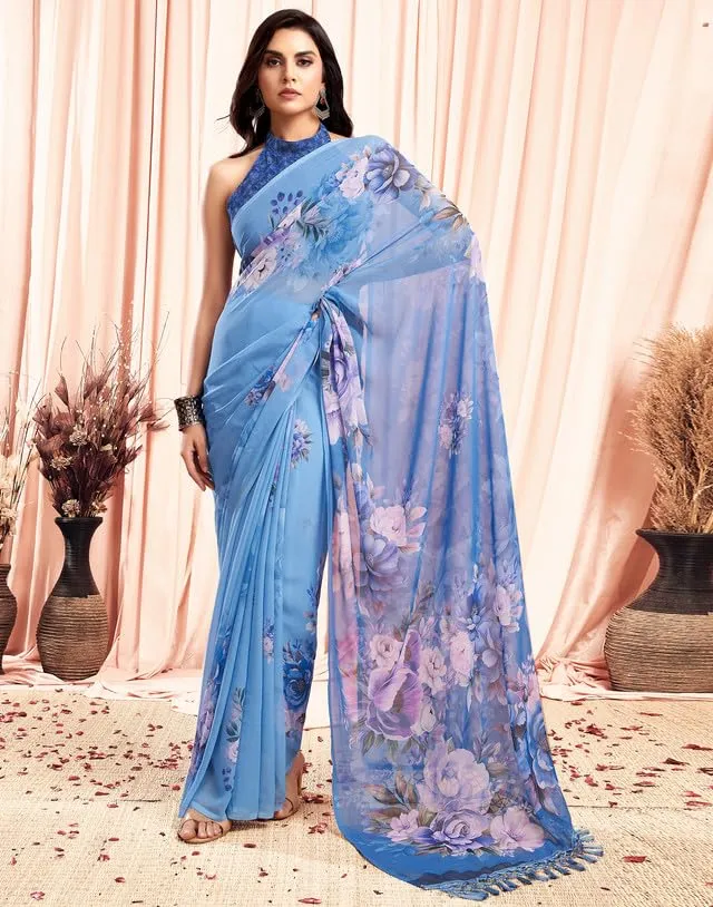 SIRIL Women's Georgette Floral Printed Saree With Unstitched Blouse Piece (3505S115A_Blue)