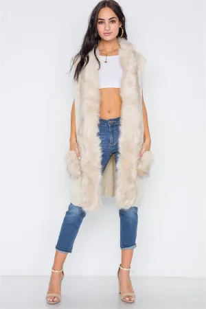 Soft Knit Shawl Collar Faux Fur Pockets Vest