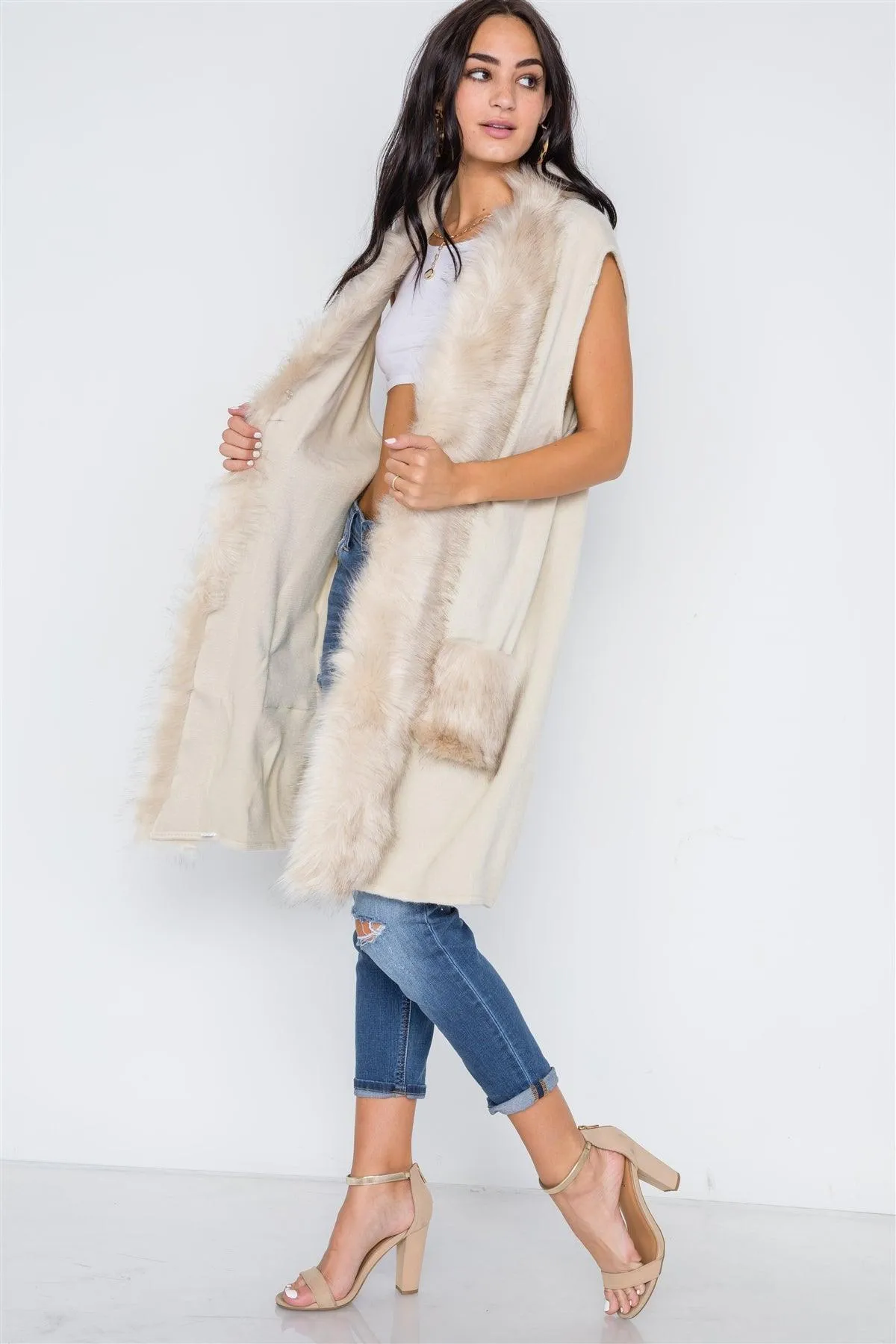 Soft Knit Shawl Collar Faux Fur Pockets Vest