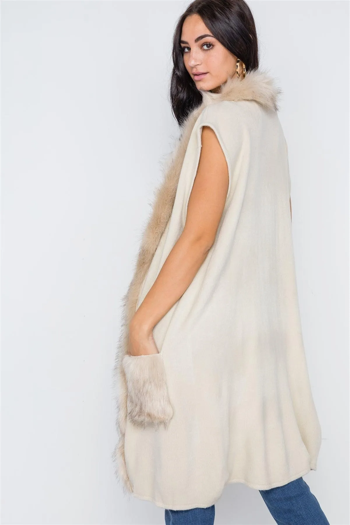 Soft Knit Shawl Collar Faux Fur Pockets Vest