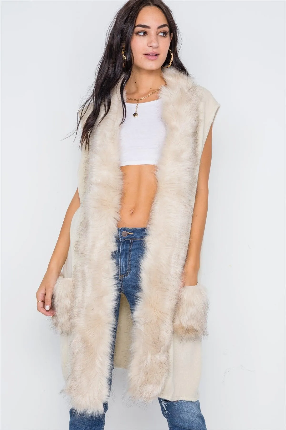 Soft Knit Shawl Collar Faux Fur Pockets Vest