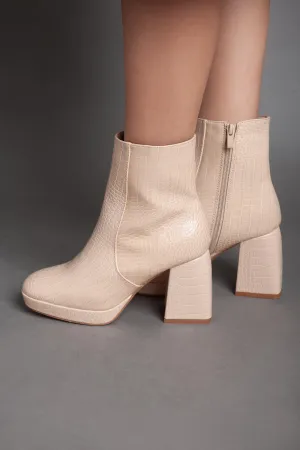 Squared Heel Leather Half Boot - Beige