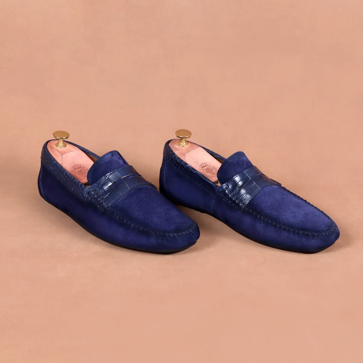 Suede Leather Loafers With Blue Croco Textured Leather Trim Topline