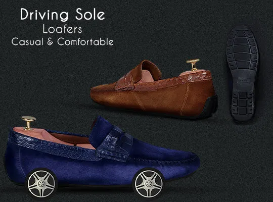 Suede Leather Loafers With Blue Croco Textured Leather Trim Topline