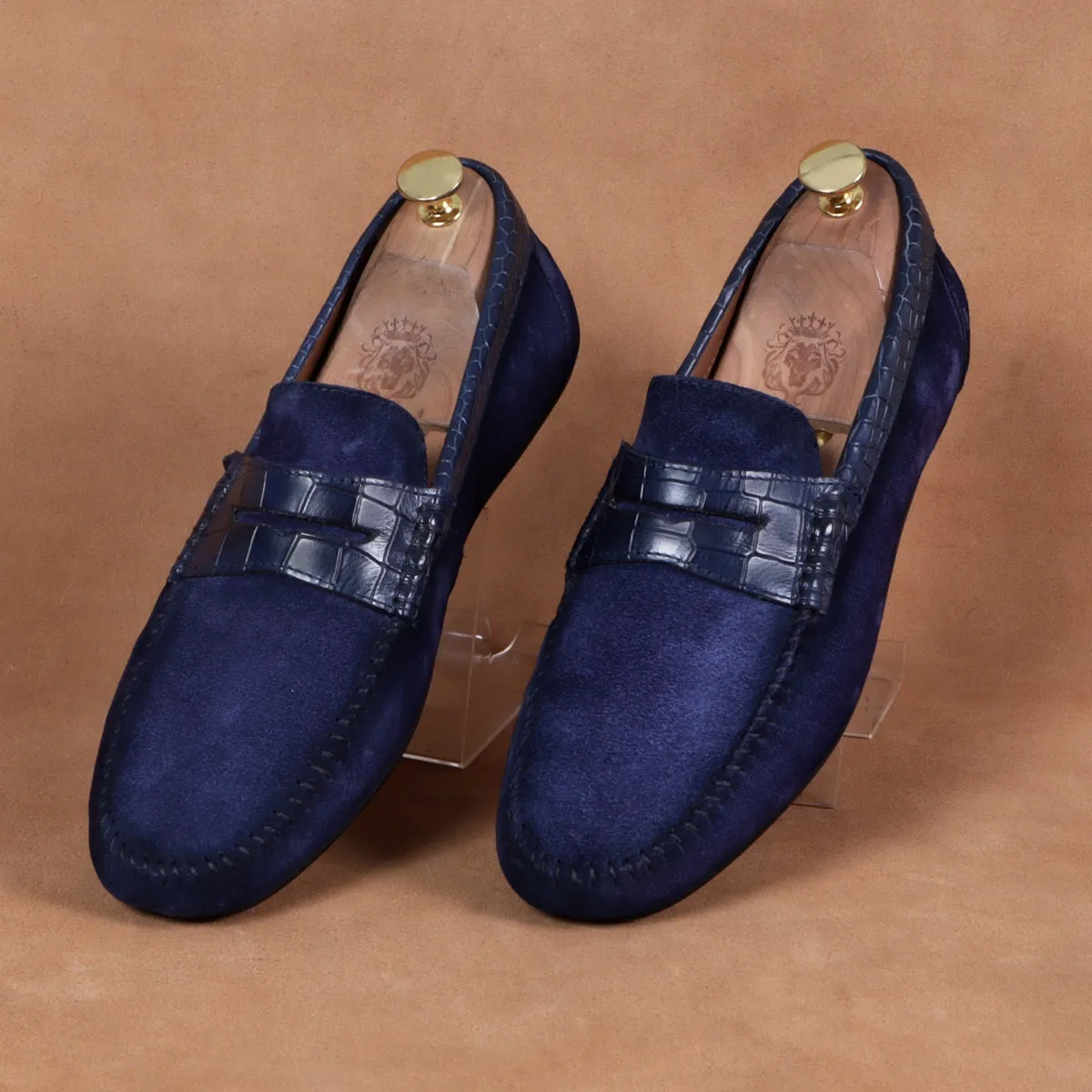 Suede Leather Loafers With Blue Croco Textured Leather Trim Topline