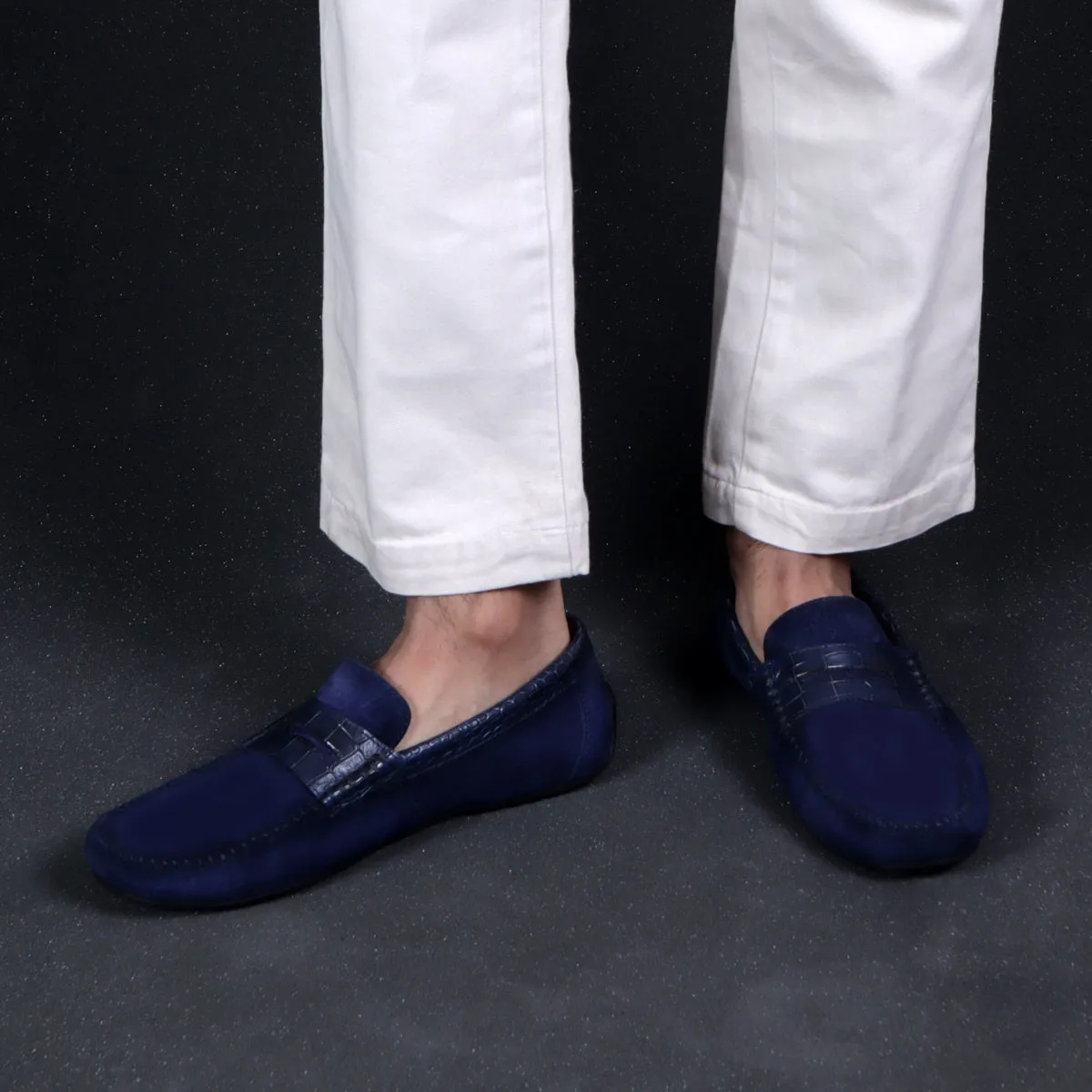 Suede Leather Loafers With Blue Croco Textured Leather Trim Topline