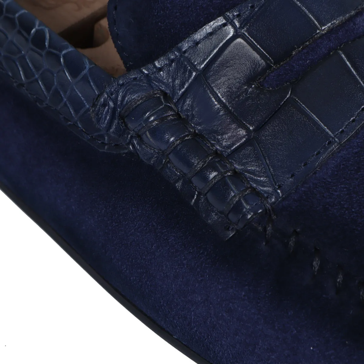 Suede Leather Loafers With Blue Croco Textured Leather Trim Topline