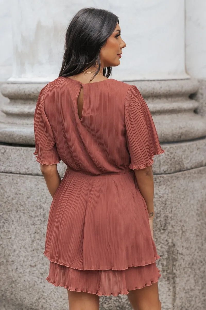 Terracotta Satin Pleated Mini Dress - FINAL SALE