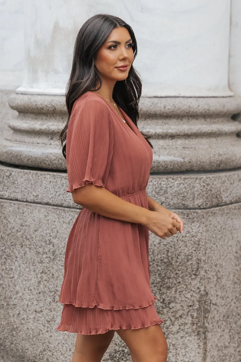 Terracotta Satin Pleated Mini Dress - FINAL SALE