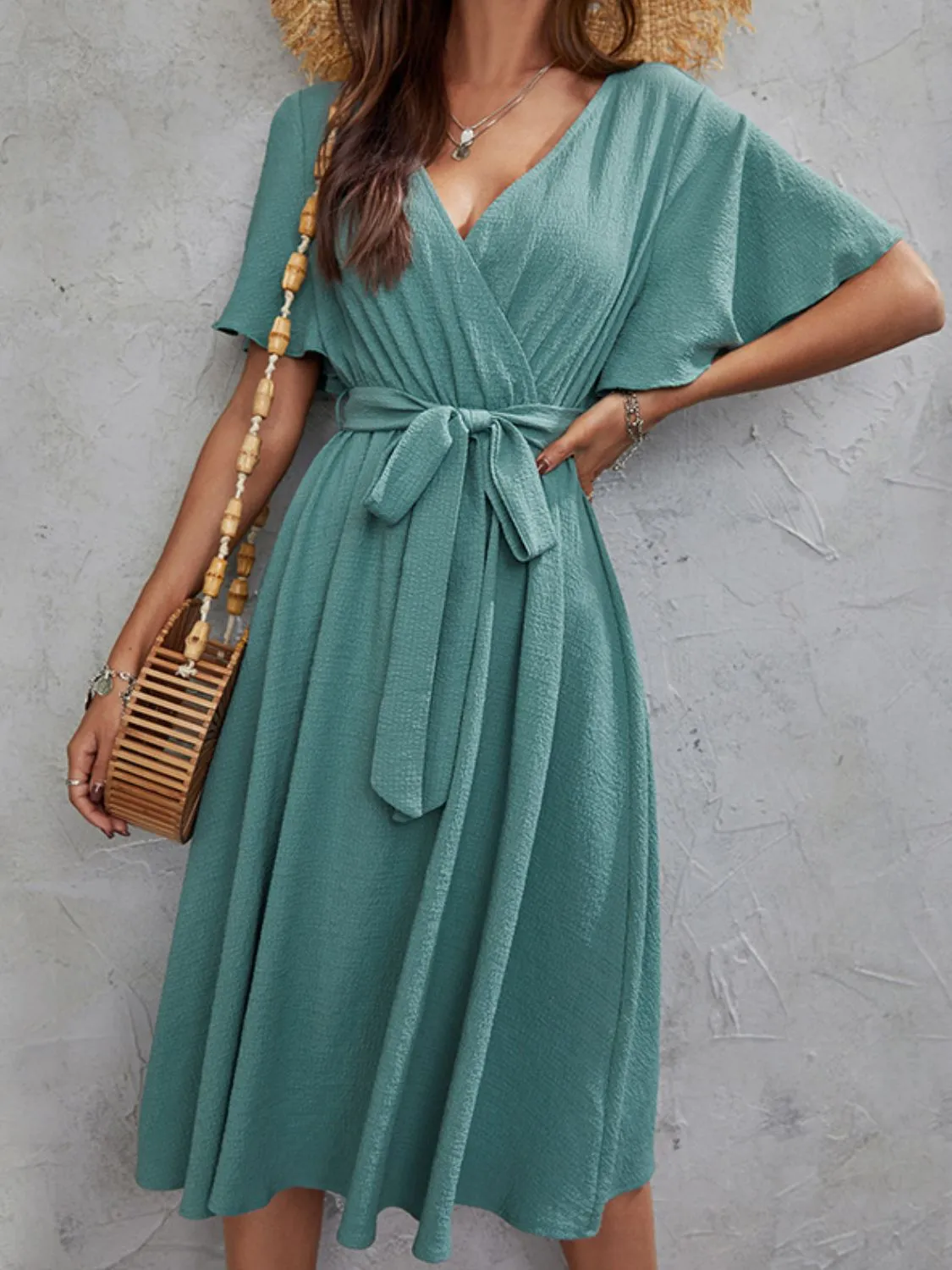 V-Neck Flutter Sleeve Midi Dress