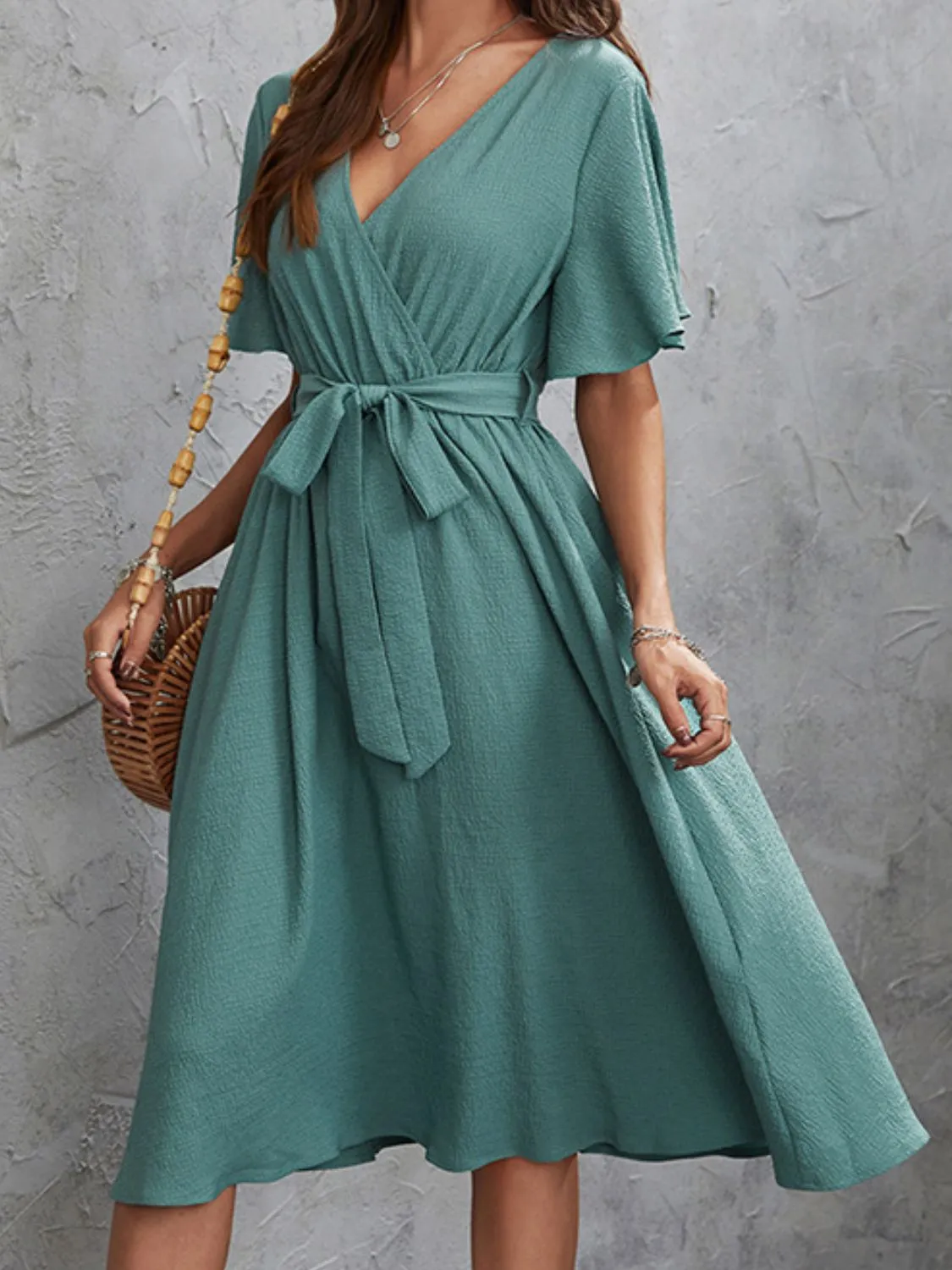 V-Neck Flutter Sleeve Midi Dress