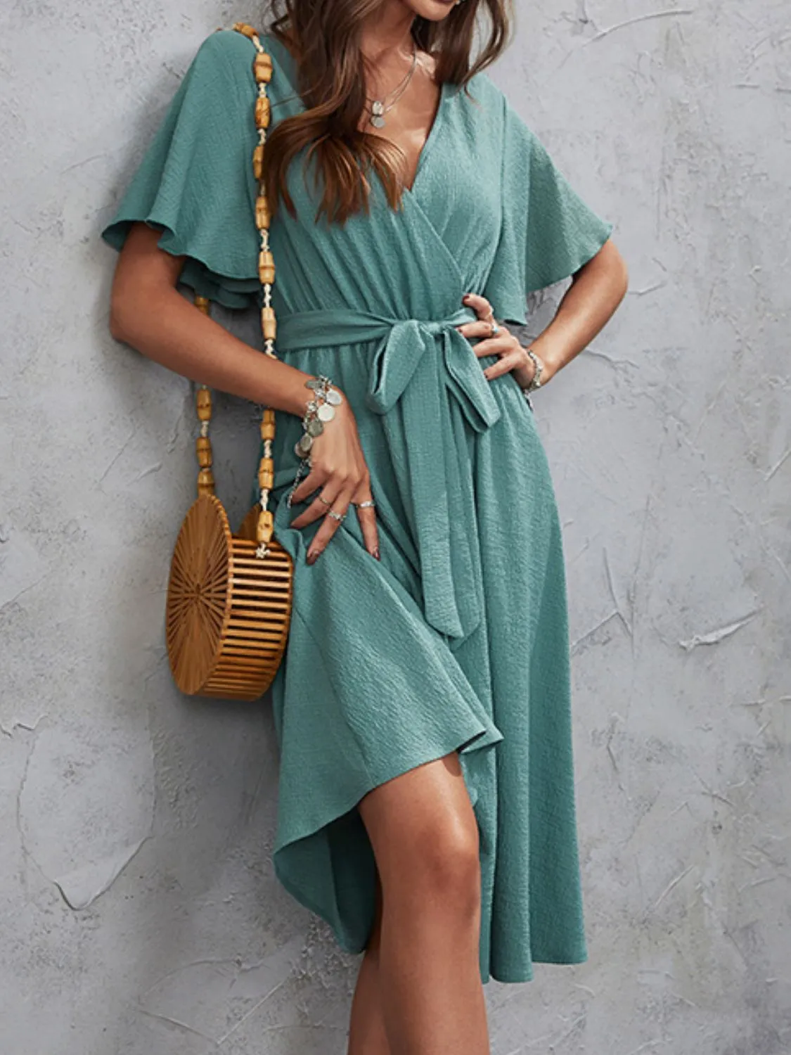 V-Neck Flutter Sleeve Midi Dress