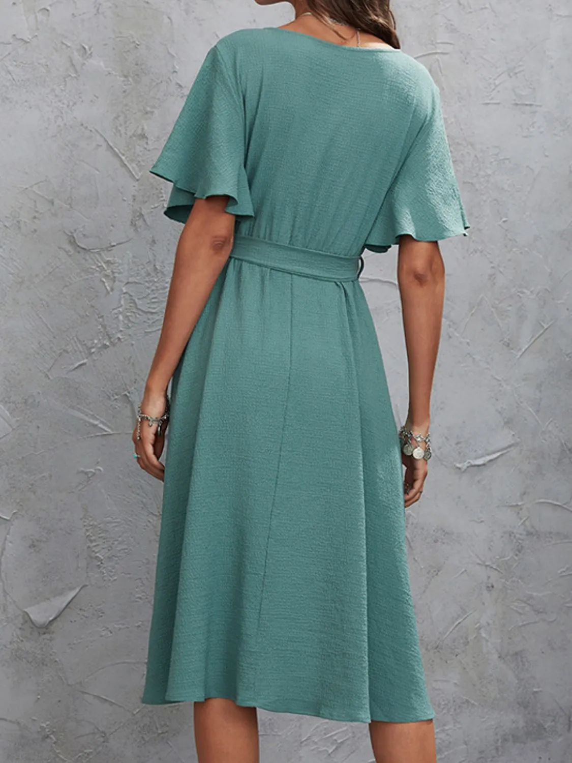 V-Neck Flutter Sleeve Midi Dress