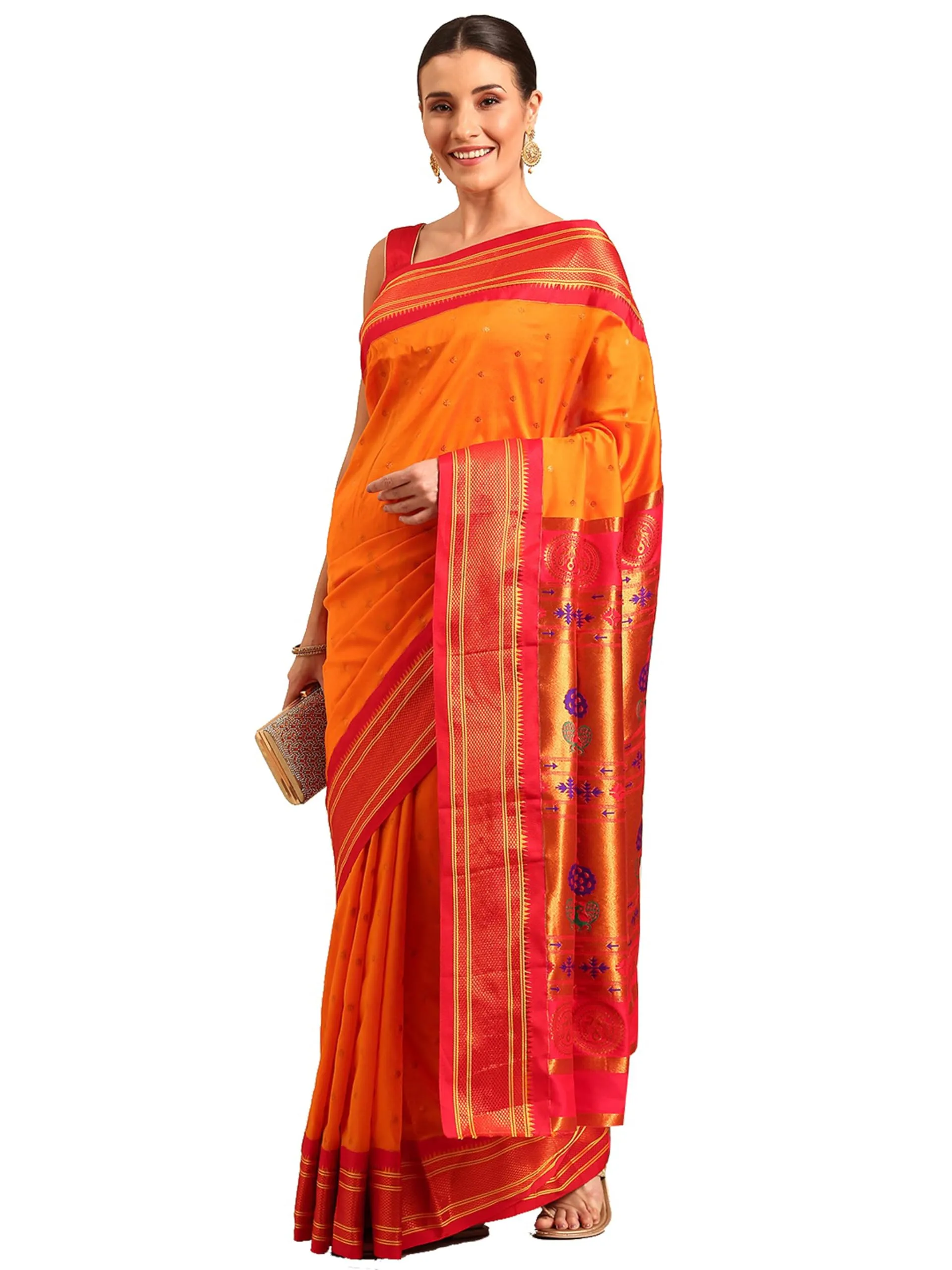 Varkala Silk Sarees Women's Kadiyal Soft Silk Maharani Paithani Saree With Blouse Piece (V241A109-COPR_Orange & Red)