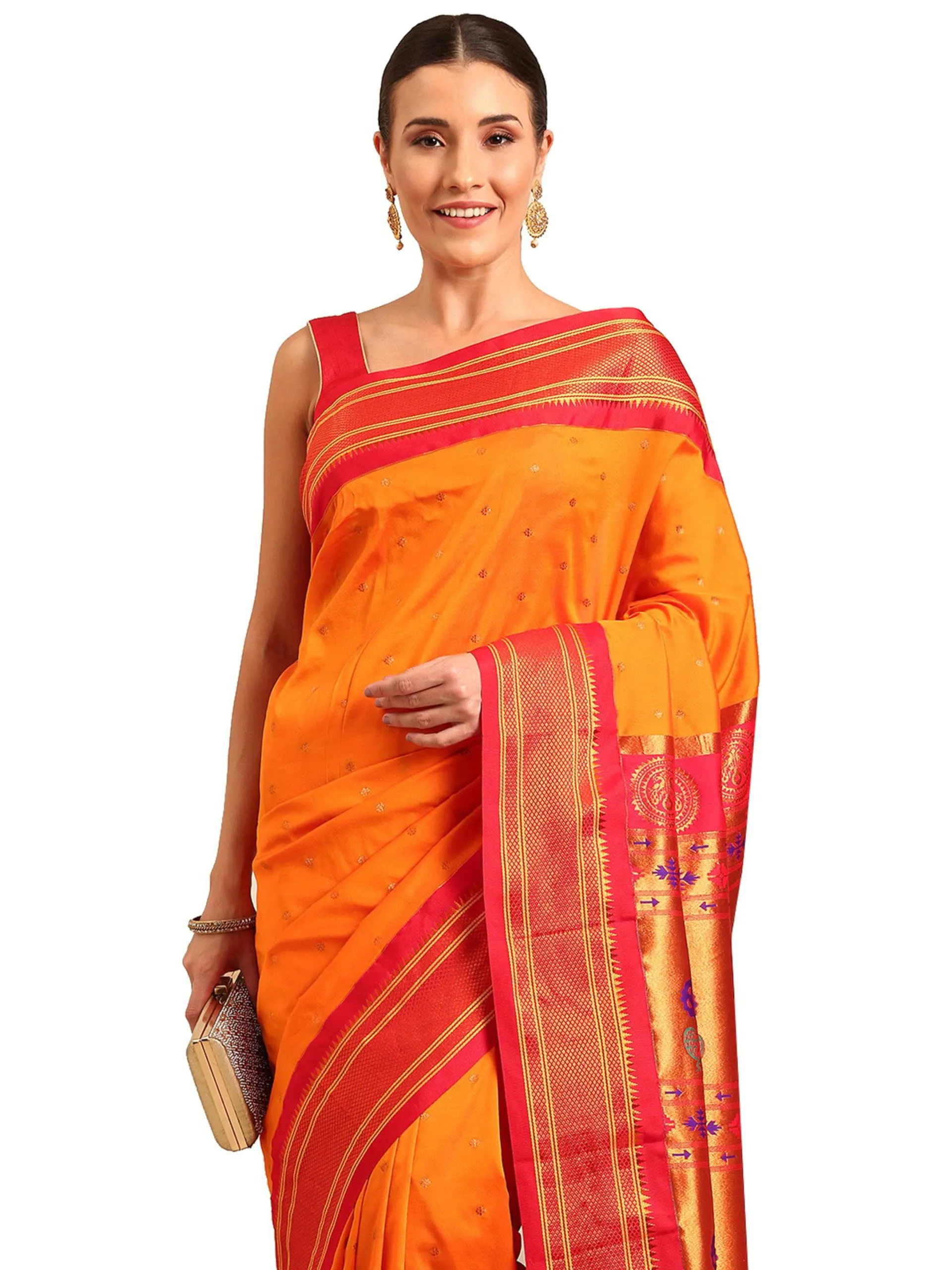 Varkala Silk Sarees Women's Kadiyal Soft Silk Maharani Paithani Saree With Blouse Piece (V241A109-COPR_Orange & Red)