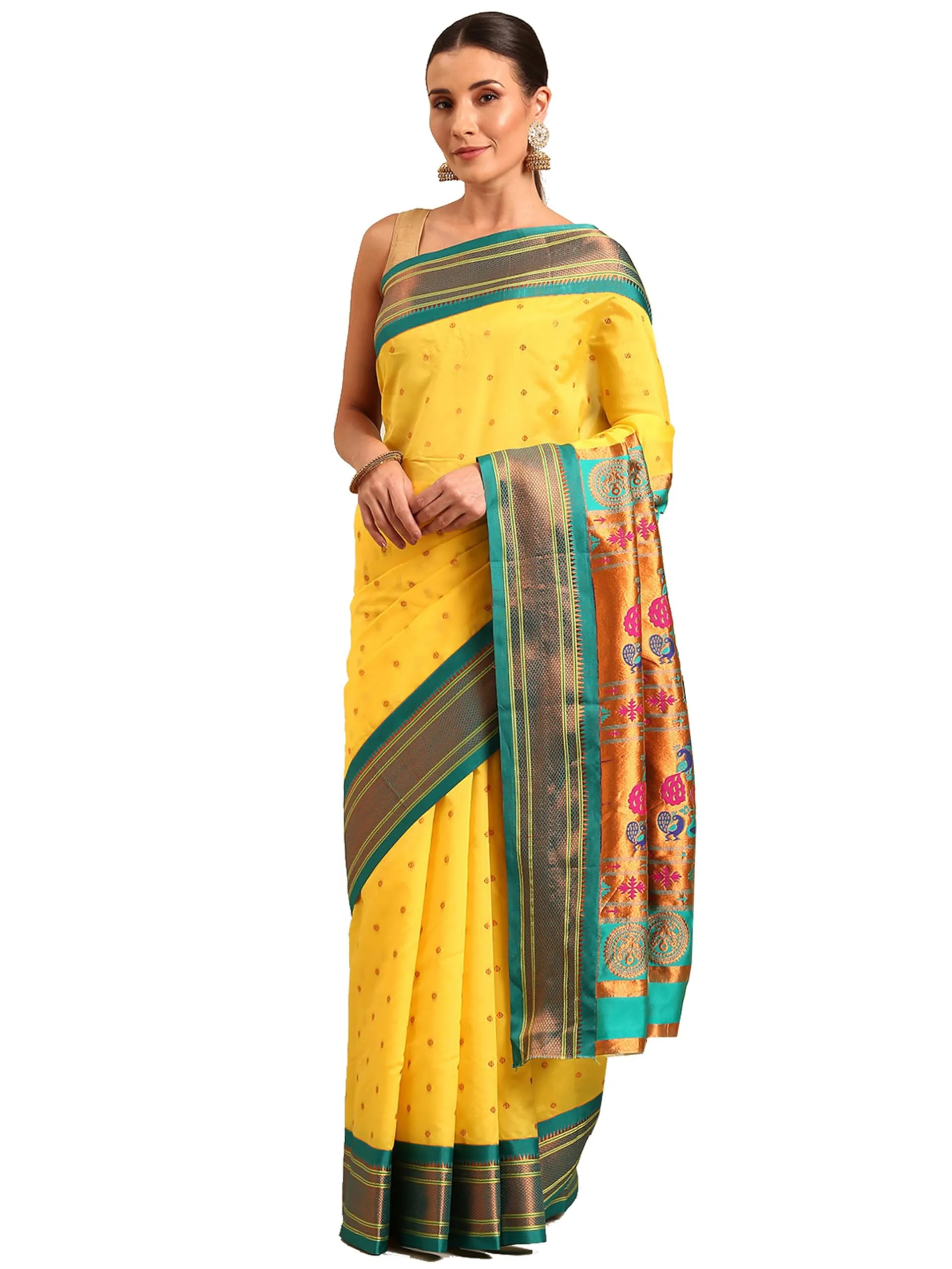 Varkala Silk Sarees Women's Kadiyal Soft Silk Maharani Paithani Saree With Blouse Piece (V241A321-COPR_Gold & Rama)