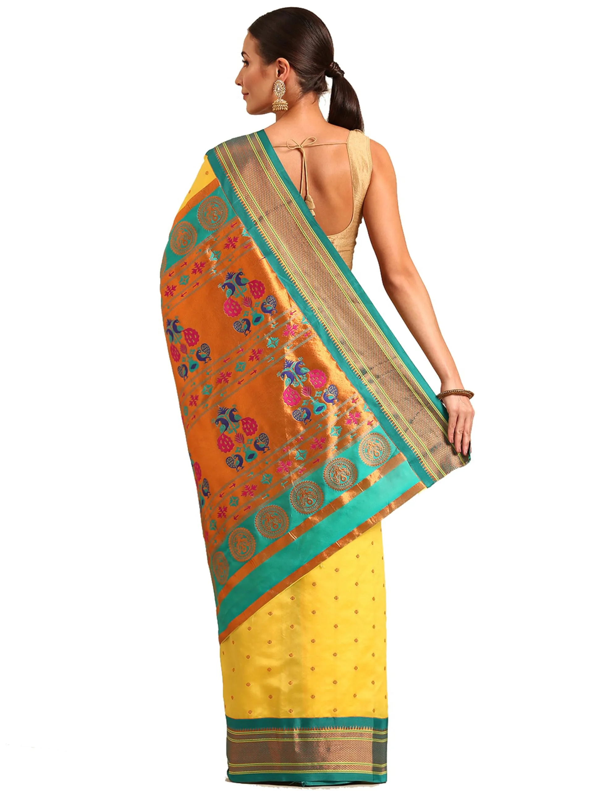 Varkala Silk Sarees Women's Kadiyal Soft Silk Maharani Paithani Saree With Blouse Piece (V241A321-COPR_Gold & Rama)