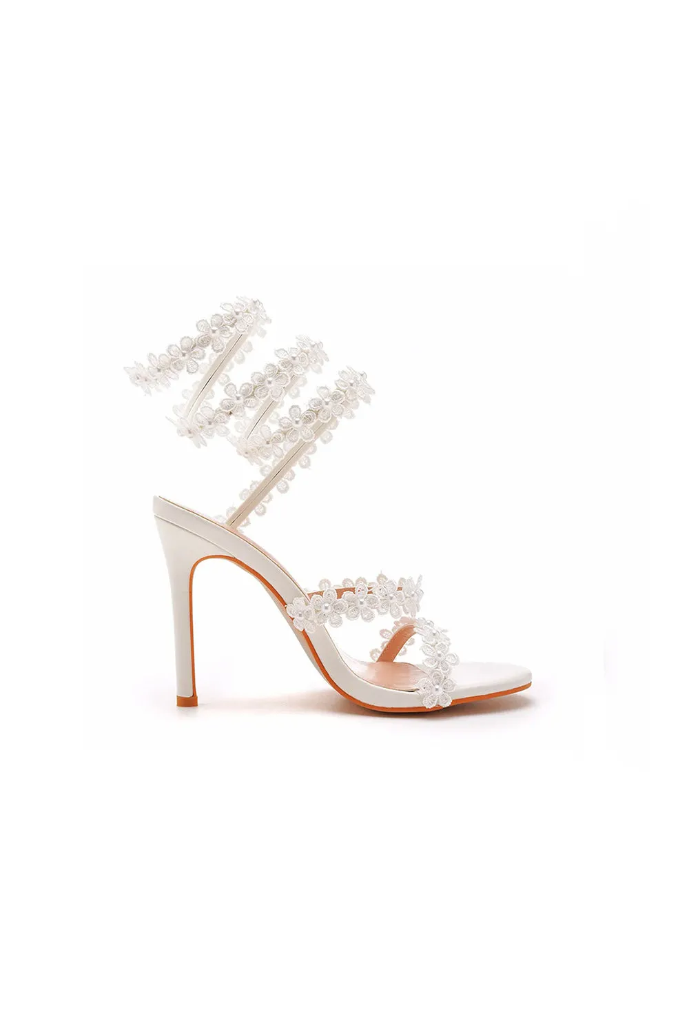 White Flower Ankle Wrap Strap Open Toe Ultra High Heels