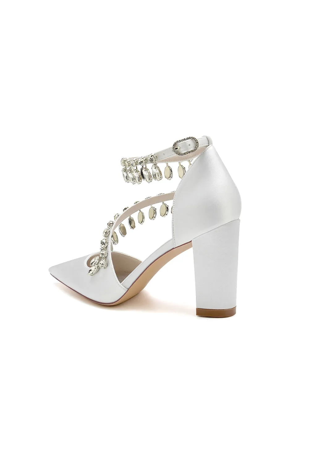 White High Heels with Chain and Crystal Accent