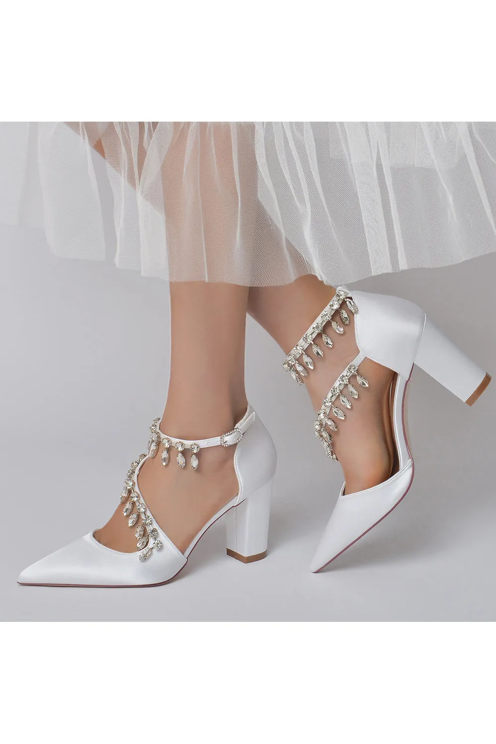 White High Heels with Chain and Crystal Accent