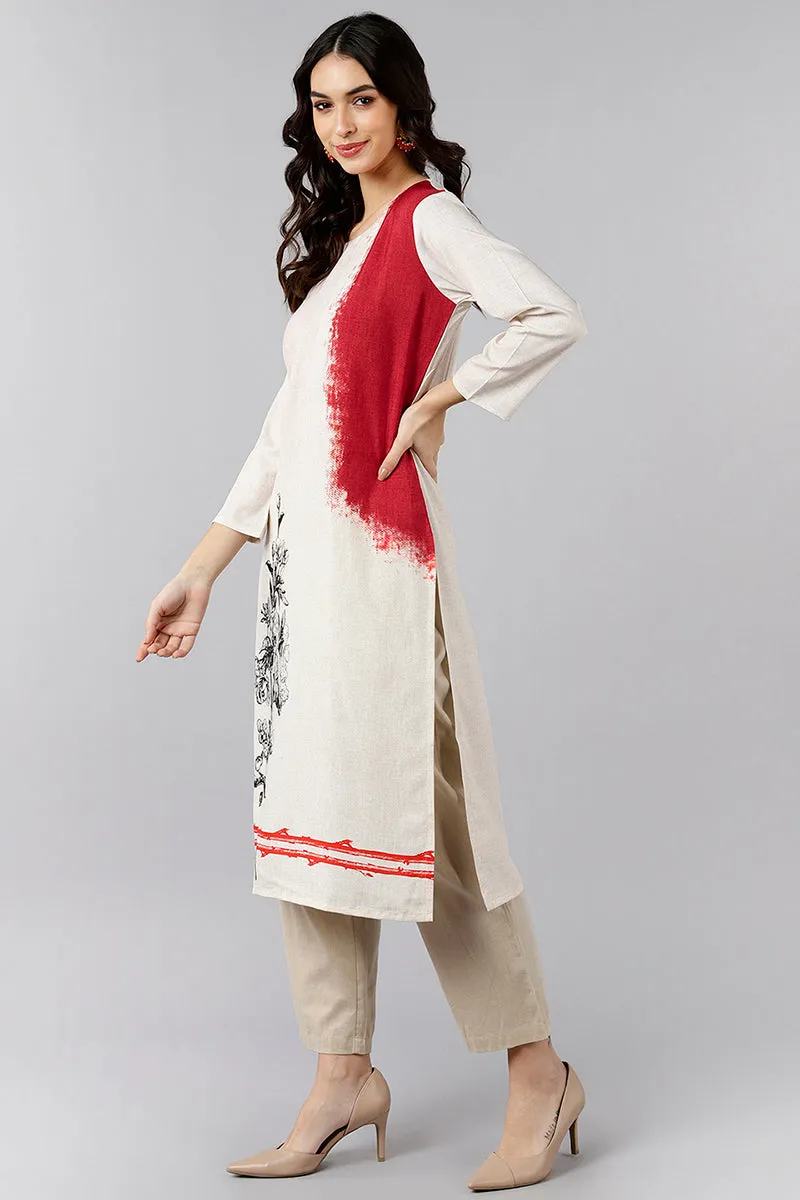 White Polyester Abstract Print Straight Kurta