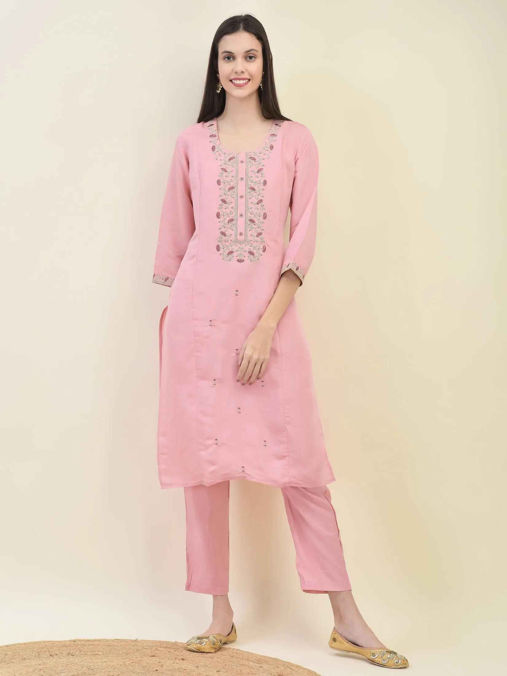 Women Chanderi Pink Embroidered Kurta Comfort Pant Dupatta