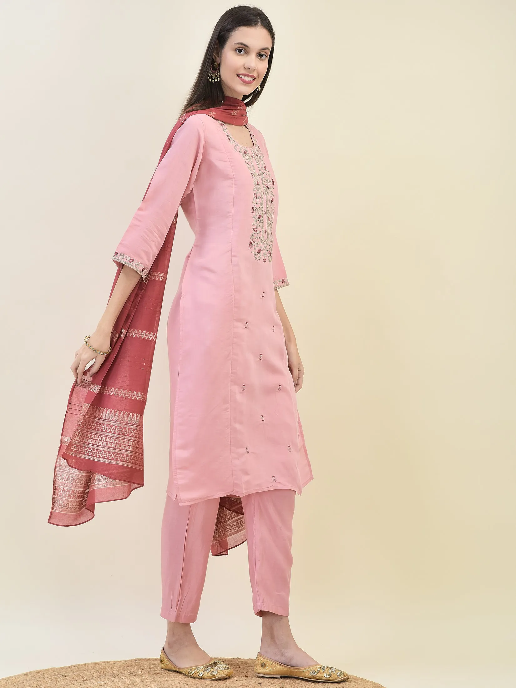 Women Chanderi Pink Embroidered Kurta Comfort Pant Dupatta