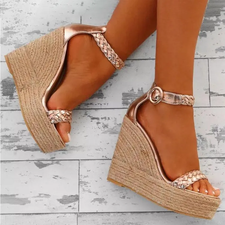 Women high heel peep toe side hollow espadrille wedge sandals