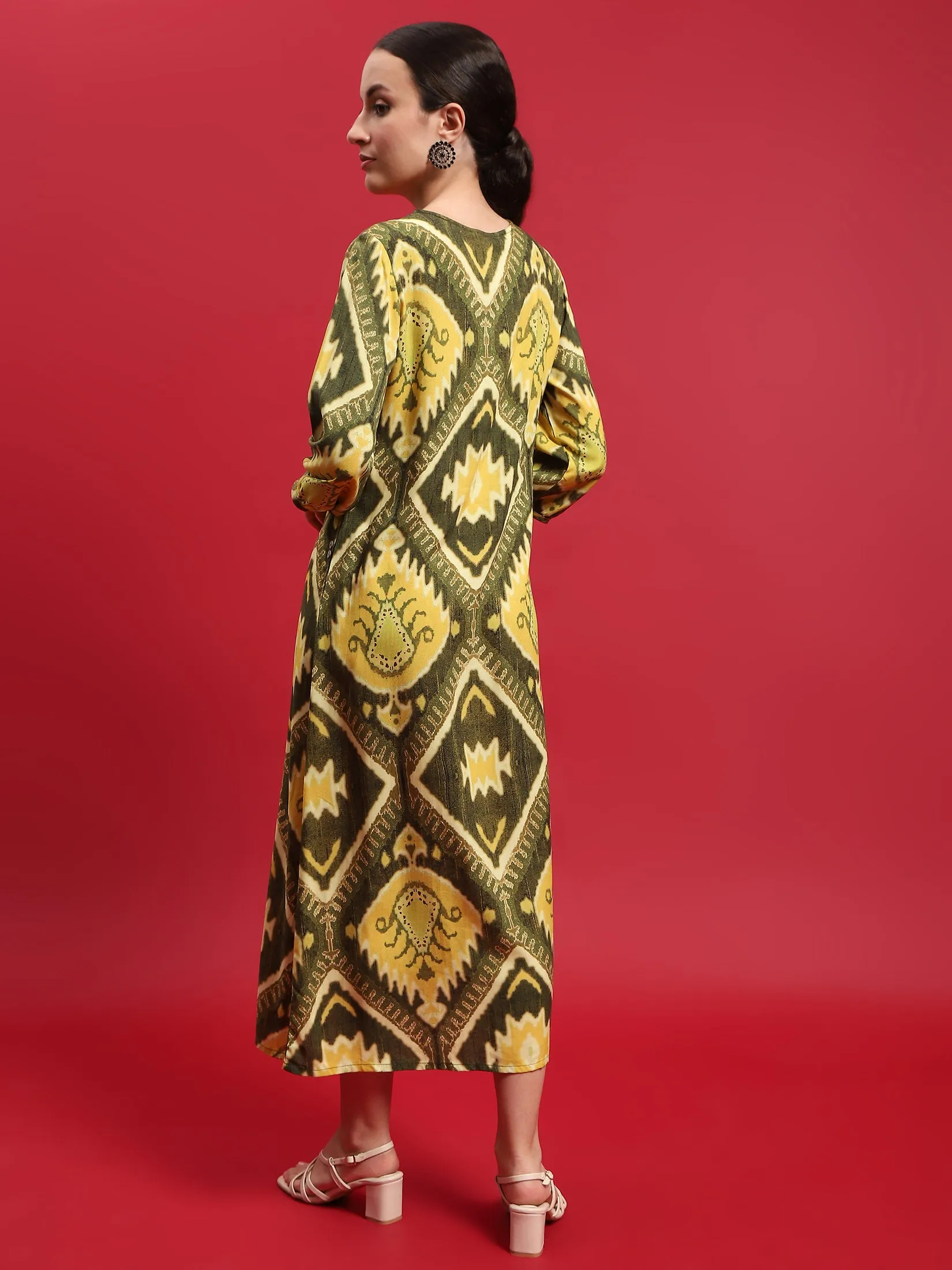 Women Liva Rayon Olive Ikat Print Dress