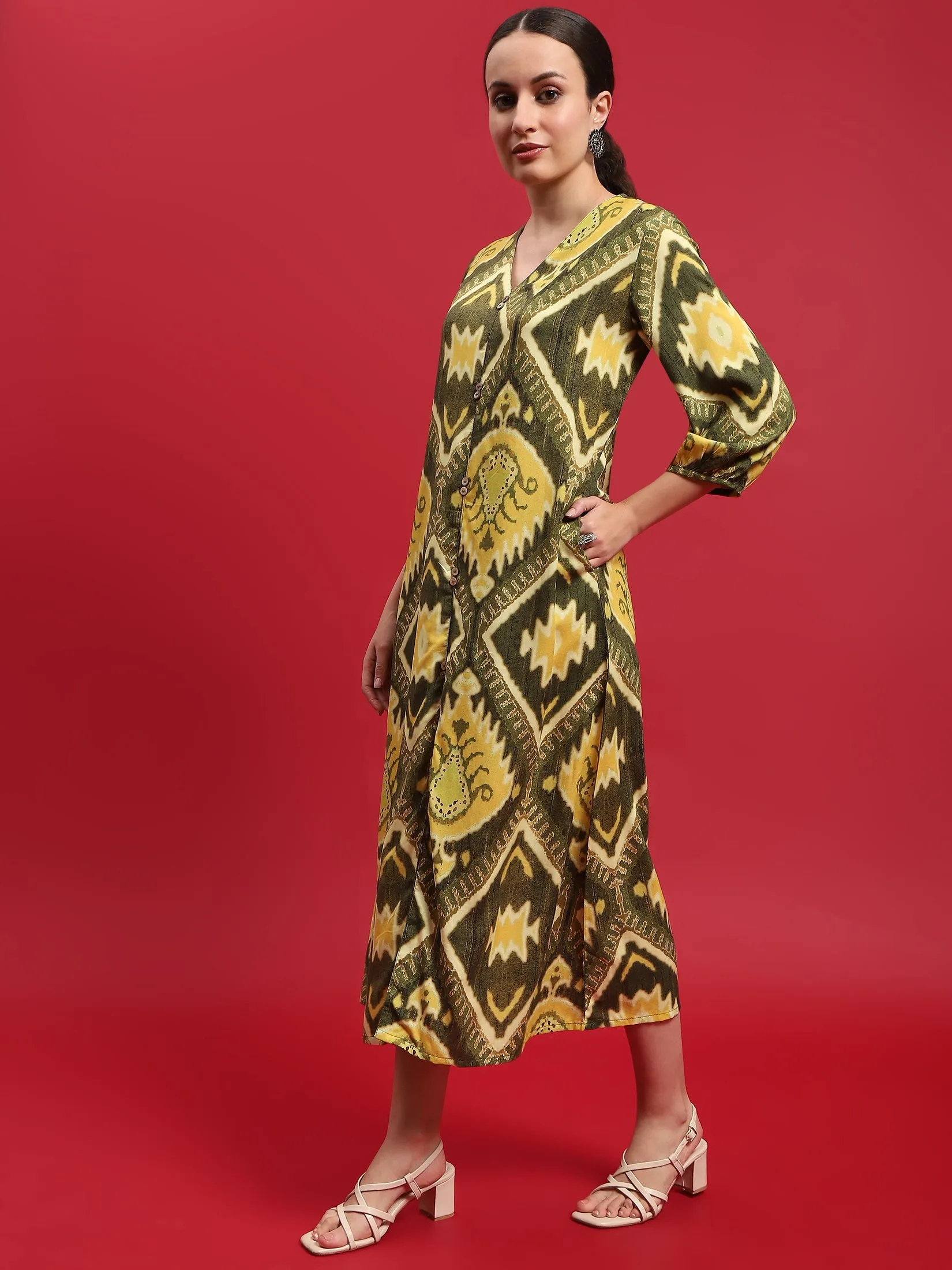 Women Liva Rayon Olive Ikat Print Dress