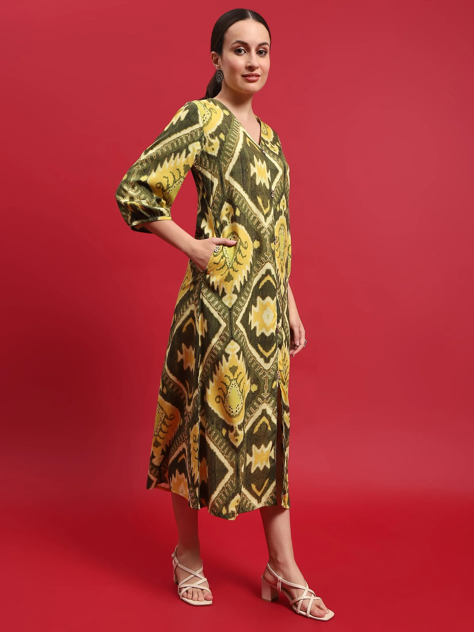 Women Liva Rayon Olive Ikat Print Dress