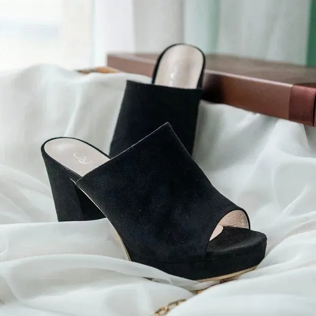 Women solid color platform peep toe slide chunky heels