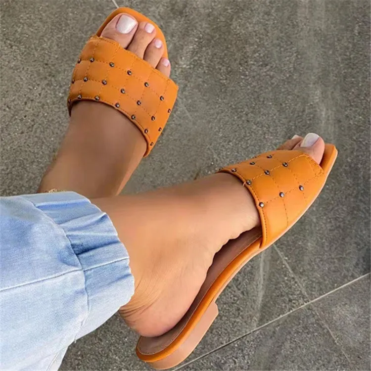 Women square peep toe studded one strap beach flat sandals