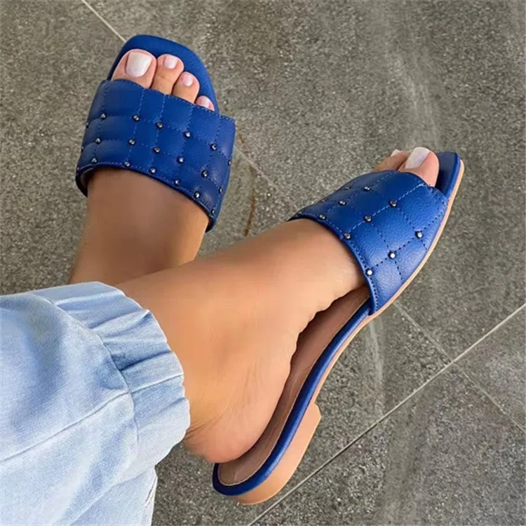 Women square peep toe studded one strap beach flat sandals