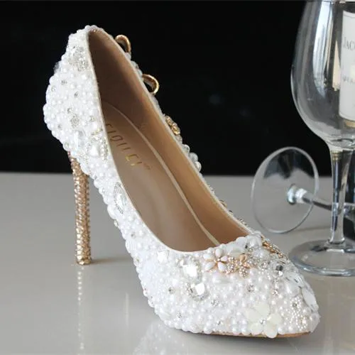 Women white rhinestone bowknot fringe gold stiletto wedding heels