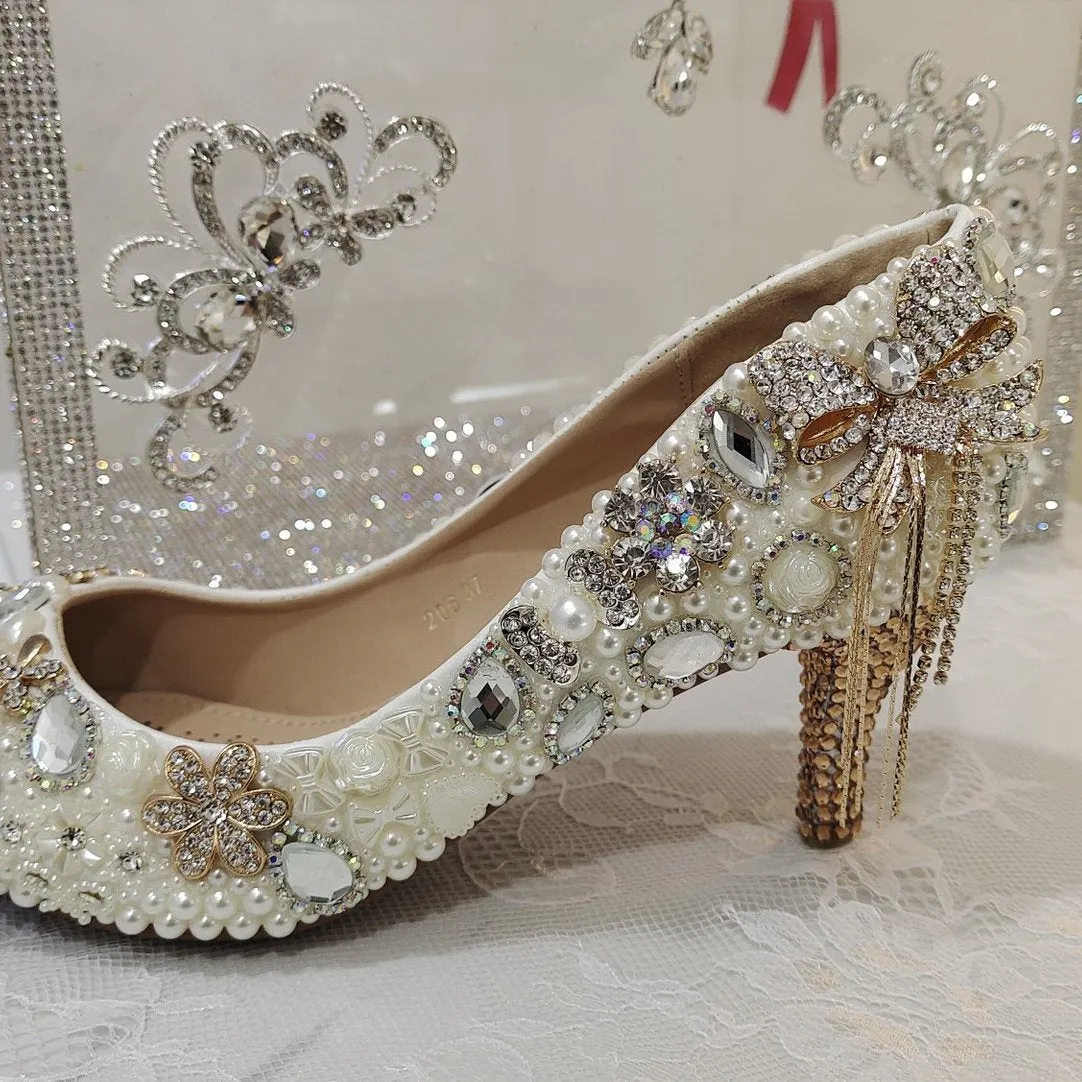 Women white rhinestone bowknot fringe gold stiletto wedding heels