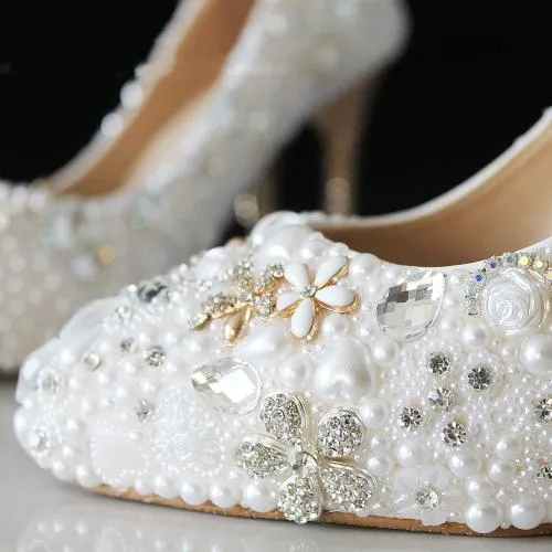 Women white rhinestone bowknot fringe gold stiletto wedding heels